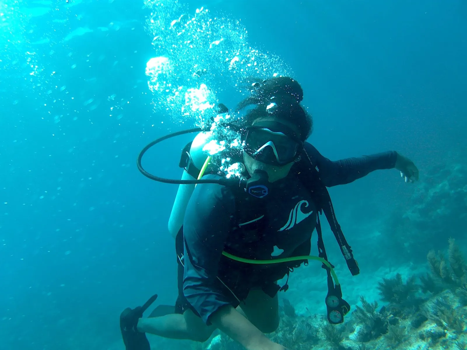 A scuba diver swimming above a coral reef
