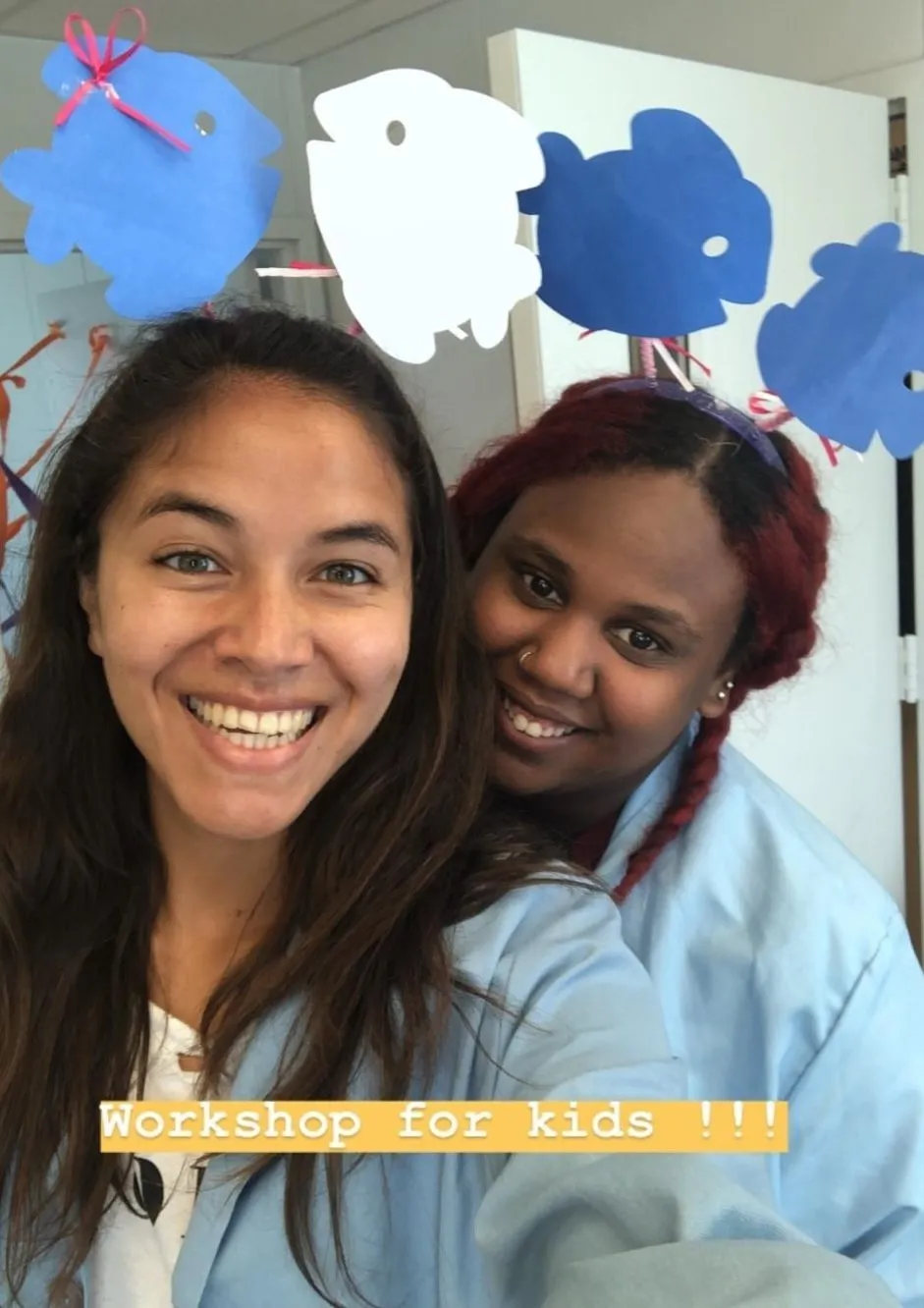 Two workshop leaders taking a selfie at a kids' science workshop